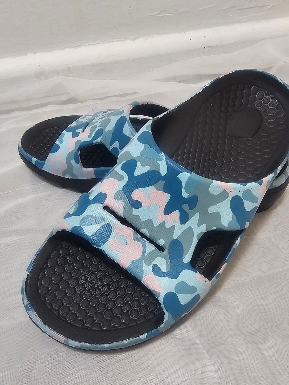 Spenco Women's Blue/Black Camo Open Toe SlipOn Slide Sandals Cushioned USM10/M9.